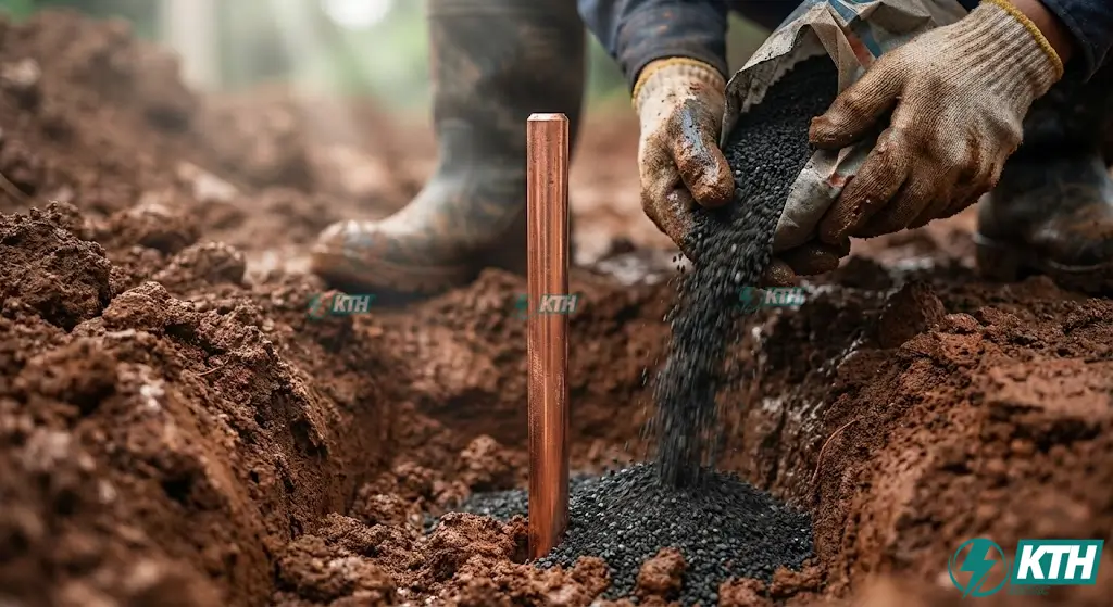 Thi công đóng cọc tiếp địa và đổ hóa chất giảm điện trở đất GEM để khắc phục hệ thống chống sét không đạt chuẩn.