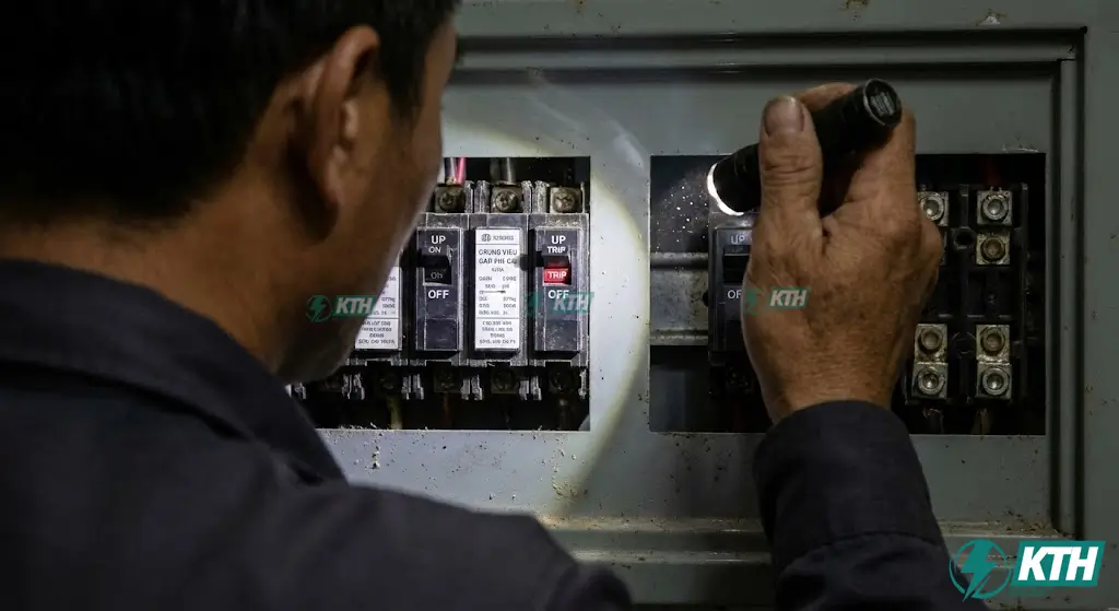 Cách kiểm tra aptomat bị nhảy aptomat tổng gạt xuống dưới hoặc lửng lơ khi mất điện.