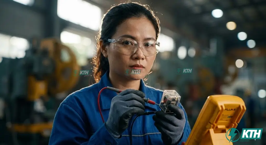 Cách kiểm tra rơ le trung gian sống hay chết bằng đồng hồ vạn năng VOM đo thông mạch cuộn dây.