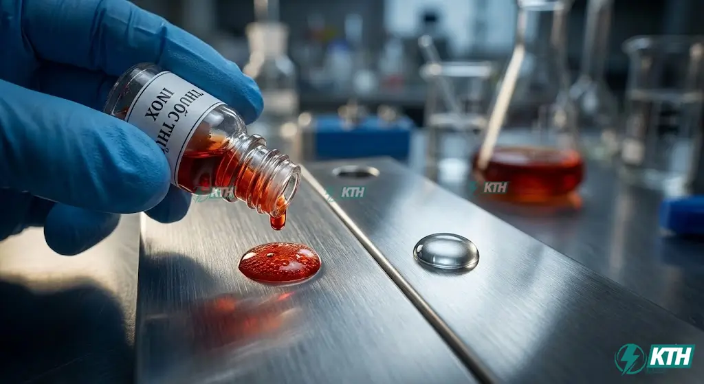 Hướng dẫn cách phân biệt Inox 304 và 201 bằng thuốc thử axit: màu đỏ gạch là 201, không màu là 304.