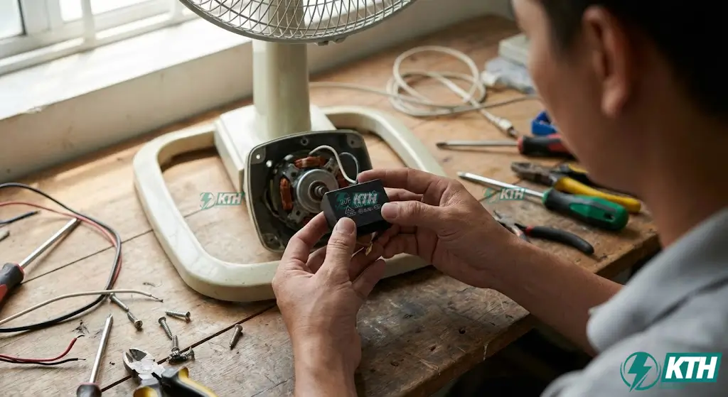 Dung Kháng Là Gì? Công Thức Tính & Ý Nghĩa Kỹ Thuật (Mới 2026) 3 Thợ điện đang thay thế tụ khởi động cho quạt máy dựa trên công thức tính dung kháng ZC = 1/omegaC.