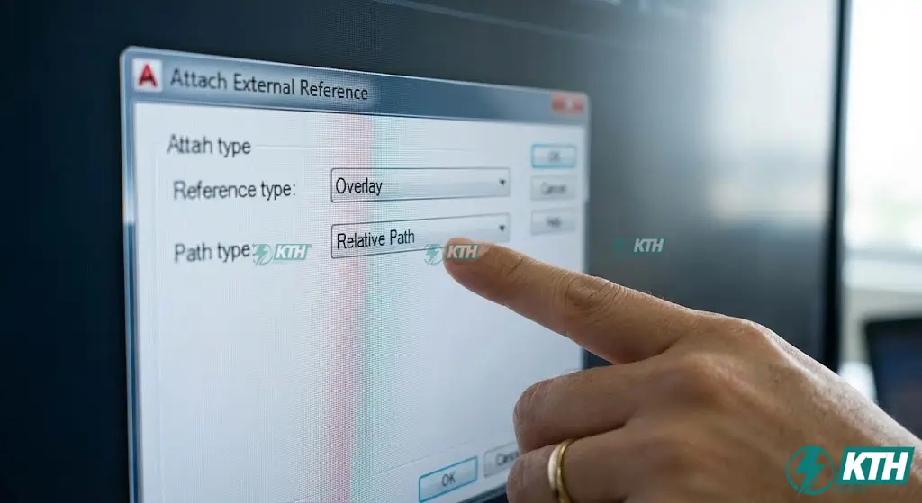 Hướng dẫn cài đặt hộp thoại Attach External Reference trong AutoCAD: Chọn chế độ Overlay và Relative Path cho bản vẽ cơ điện M&E.