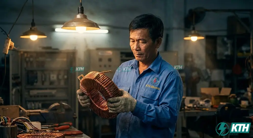 Cảm Kháng Là Gì? Công Thức Tính & Ứng Dụng Kỹ Thuật 1 Chuyên gia kỹ thuật điện KTH Electric đang kiểm tra cuộn cảm công nghiệp để giải thích cảm kháng là gì và ứng dụng chặn dòng cao tần.