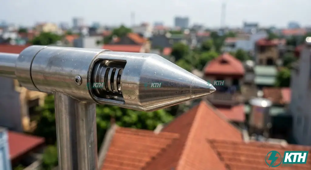 Thi Công Chống Sét Trọn Gói – Đo Điện Trở <10Ω – Báo Giá 2026 2 Cận cảnh kim thu sét tia tiên đạo Liva chính hãng lắp đặt trên trụ đỡ Inox, bán kính bảo vệ rộng cho nhà phố và biệt thự