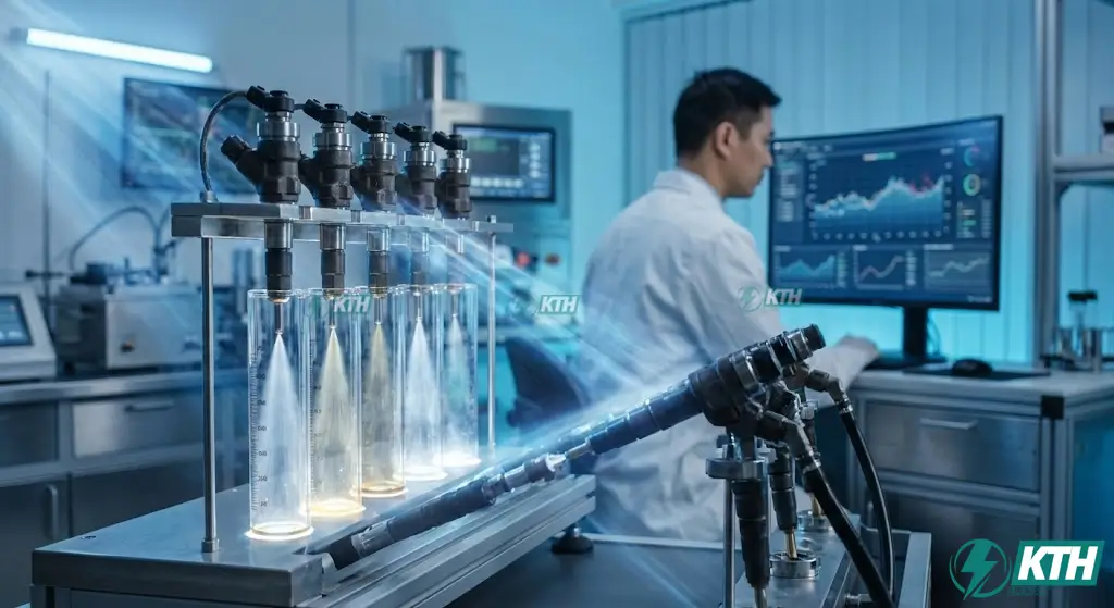 Máy test bơm cao áp và quy trình cân chỉnh heo dầu trên băng thử chuyên dụng tại xưởng KTH Electric.