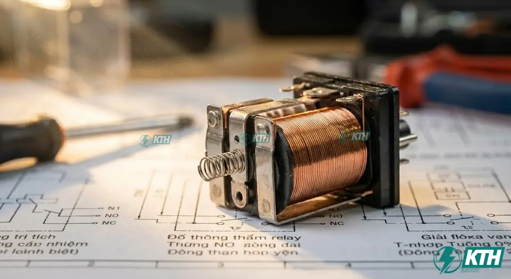 Chi tiết cấu tạo rơ le trung gian gồm nam châm điện cuộn hút lò xo hồi vị và hệ thống tiếp điểm bạc.