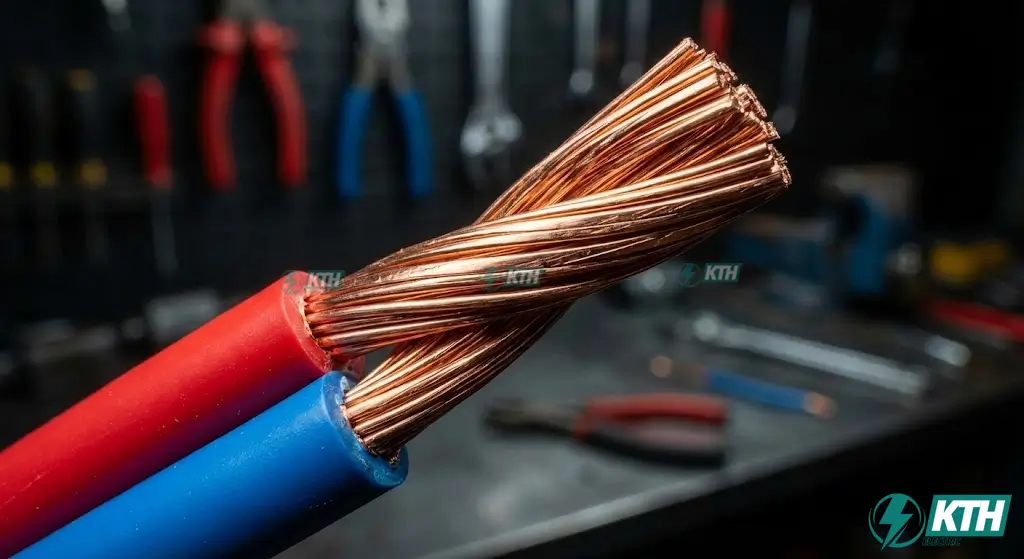 Cấu tạo dây điện đôi mềm VCmo với lõi đồng nguyên chất sáng bóng và lớp vỏ cách điện PVC an toàn.