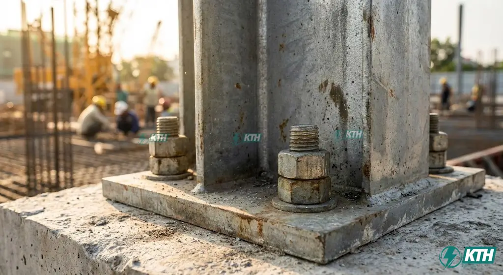 Cấu tạo nhà thép tiền chế chi tiết với hệ khung chính cột kèo thép chữ I và bu lông neo liên kết móng vững chắc.