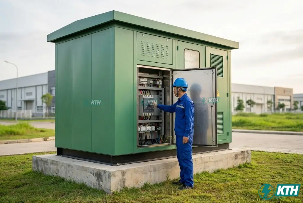 Cấu tạo trạm biến áp Kios hợp bộ với vỏ trạm bằng tôn sơn tĩnh điện và thiết bị đóng cắt hạ thế an toàn.