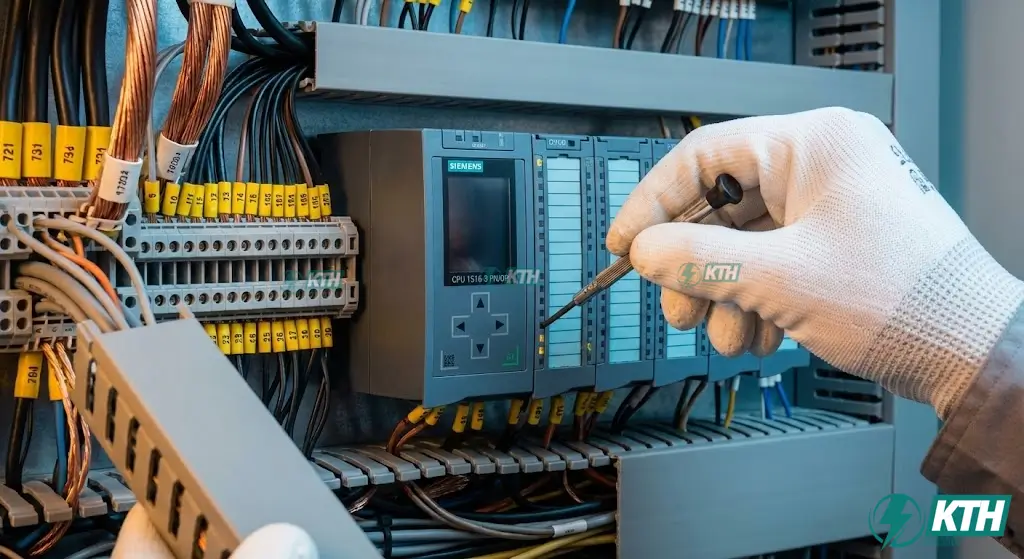 Cấu tạo tủ điện PLC với bộ xử lý trung tâm và hệ thống dây đấu nối có đánh số ferrules chi tiết.