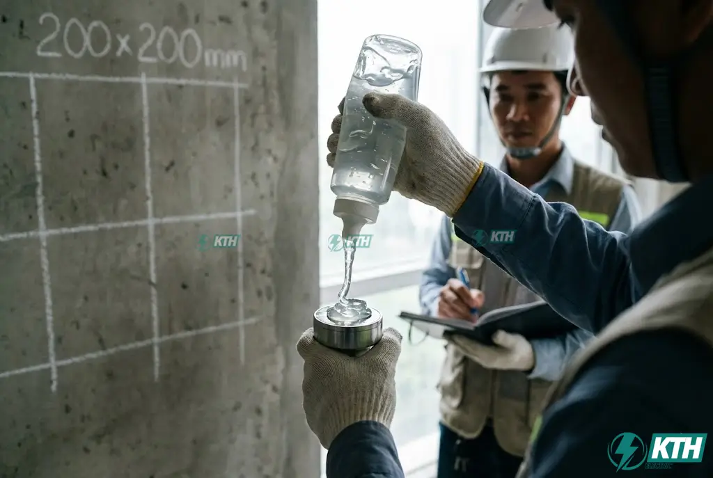 Sử dụng chất tiếp âm (gel/mỡ) đúng kỹ thuật để loại bỏ bọt khí giữa đầu dò máy siêu âm và bê tông.