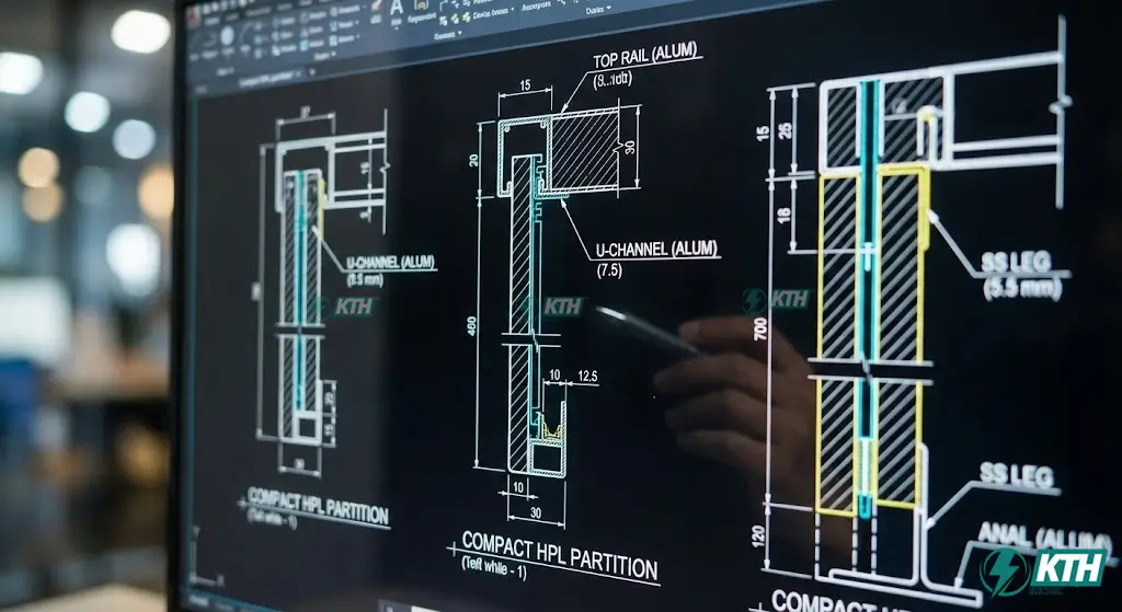 Chi tiết file DWG thư viện cad vách ngăn vệ sinh full bao gồm mặt cắt nhôm nóc, chân vách và phụ kiện inox 304 chuẩn kỹ thuật.