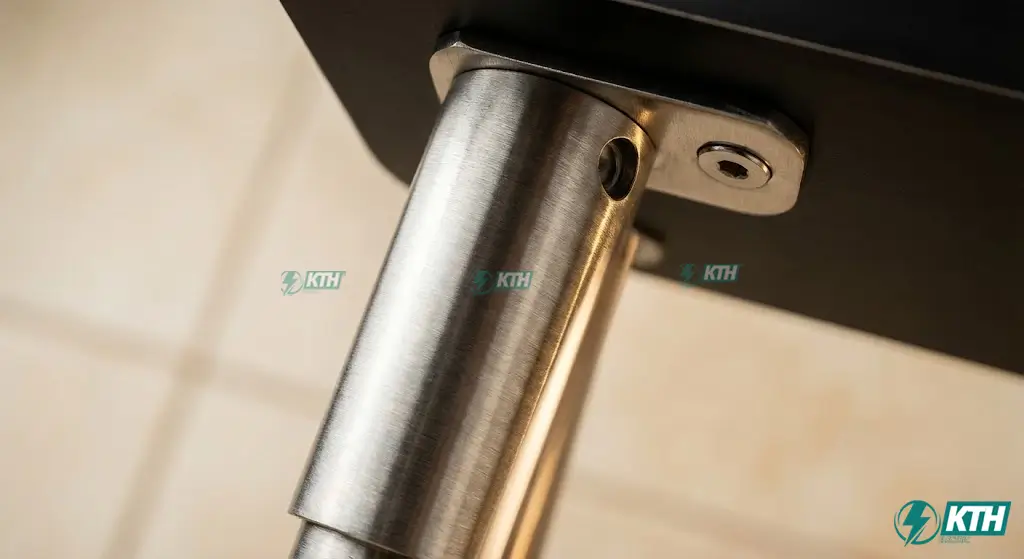 Chi tiết lắp đặt phụ kiện vách ngăn inox 304 và tấm Compact HPL dày 12mm chịu nước hoàn toàn với chân vách có ren tăng chỉnh.