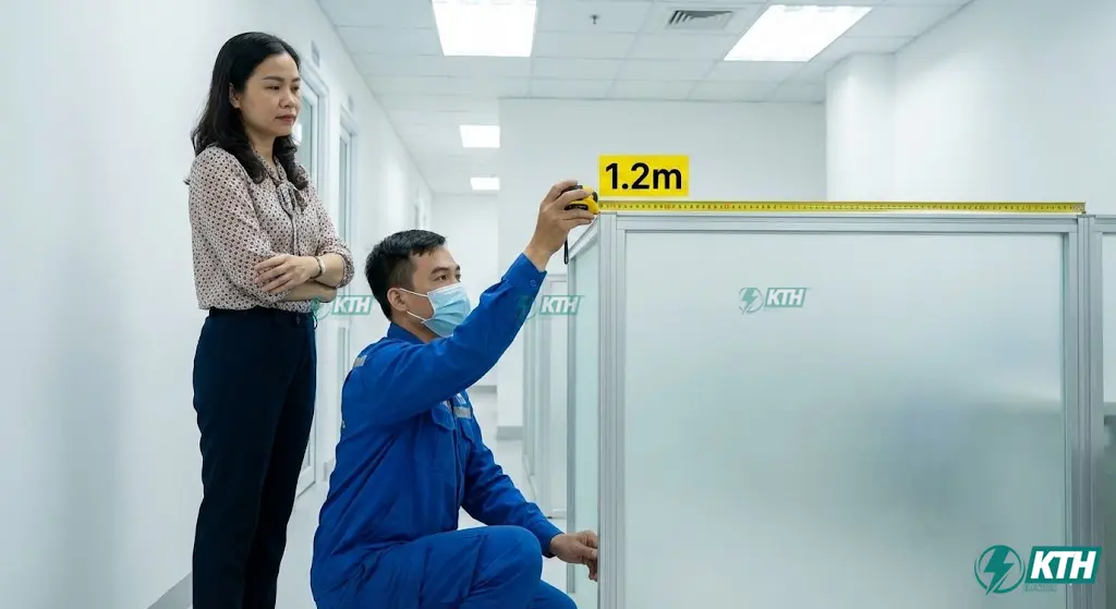 Kỹ thuật viên đo chiều cao vách ngăn vệ sinh đạt chuẩn 1.2m theo quy định của Bộ Y Tế cho trường mầm non.