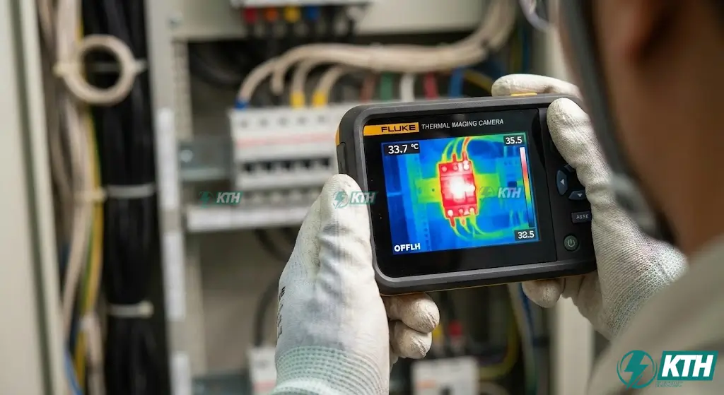 Chụp ảnh nhiệt tủ điện phát hiện điểm nóng quá nhiệt bằng camera hồng ngoại chuyên dụng trong quy trình bảo trì điện.