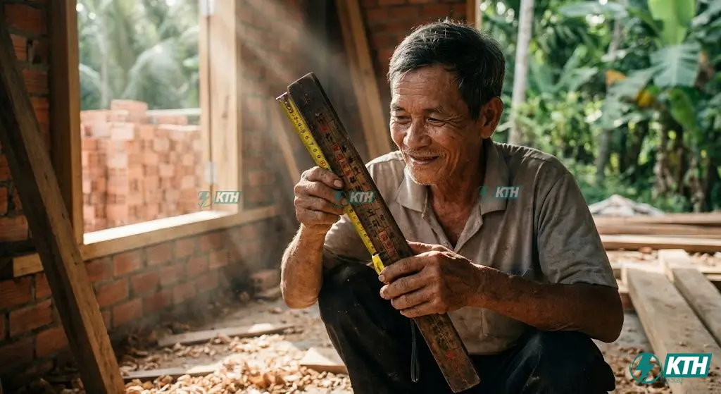 Hình ảnh chuyên gia xây dựng Việt Nam đang so sánh thước Lỗ Ban gỗ truyền thống và thước cuộn hiện đại để tra cứu kích thước chuẩn phong thủy tại công trình.