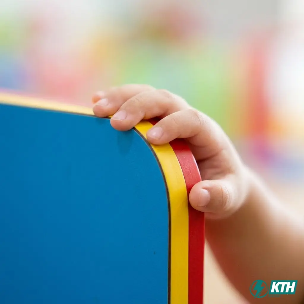 Cận cảnh bàn tay trẻ em chạm vào cạnh vách ngăn Compact đã được bo tròn CNC mềm mại, không sắc nhọn.