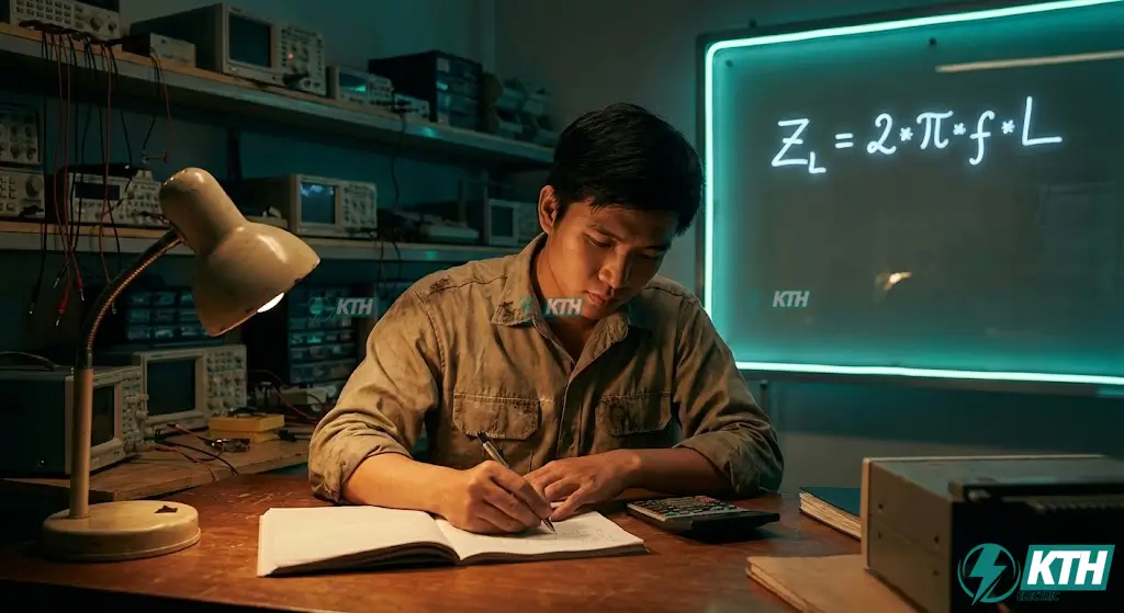 Cảm Kháng Là Gì? Công Thức Tính & Ứng Dụng Kỹ Thuật 3 Kỹ sư đang tính toán cảm kháng ZL dựa trên công thức 2pi nhân tần số f nhân độ tự cảm L.