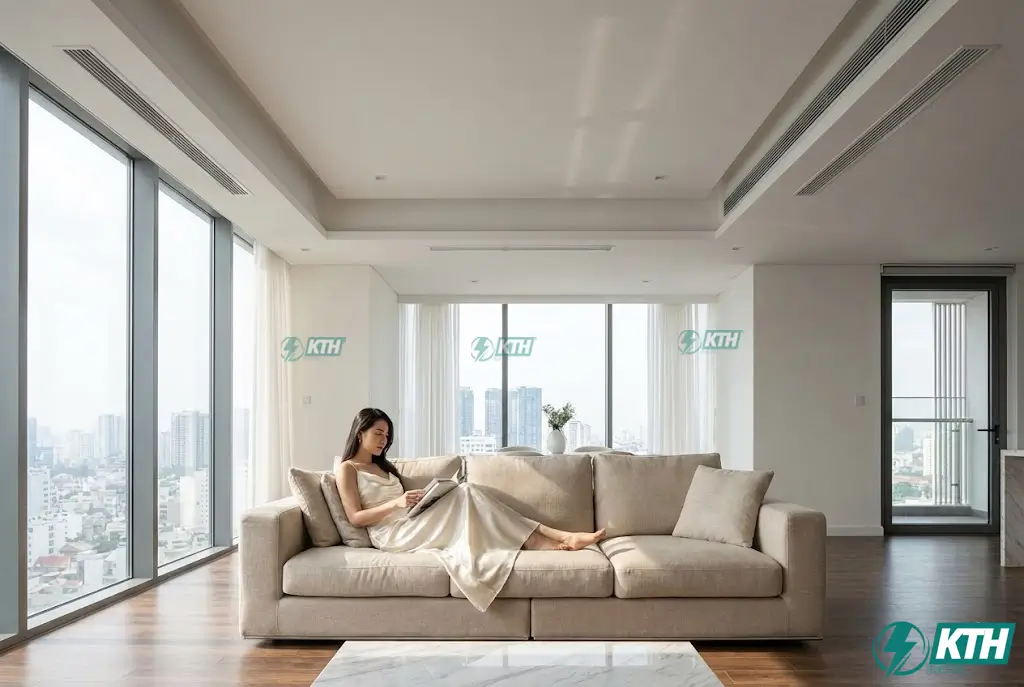 Nội thất biệt thự cao cấp sử dụng hệ thống điều hòa VRV dàn lạnh giấu trần nối ống gió với cửa gió khe dài sang trọng.