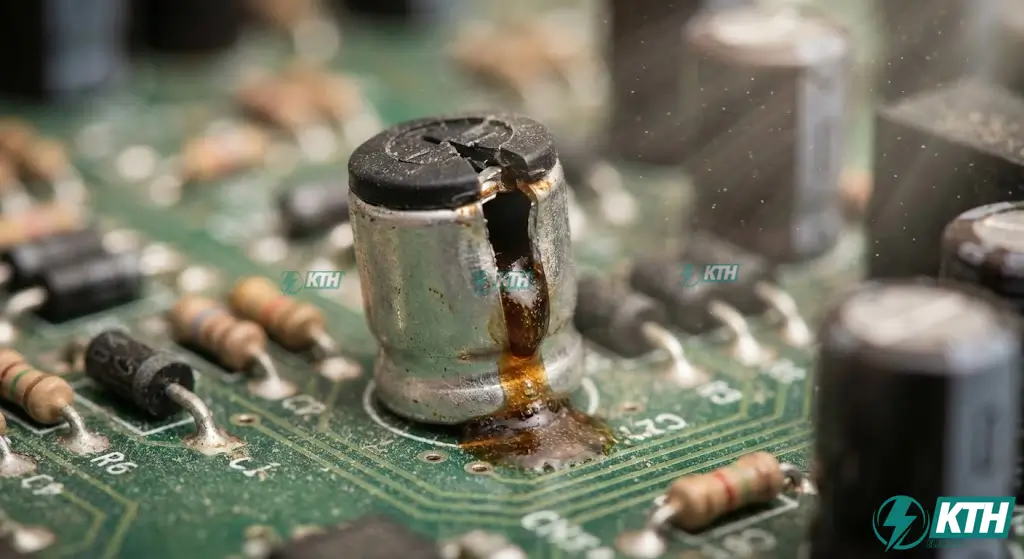 Cận cảnh dấu hiệu tụ điện bị hỏng: đầu tụ bị phồng rộp và chảy dịch điện môi ra ngoài vỏ cần thay thế ngay.