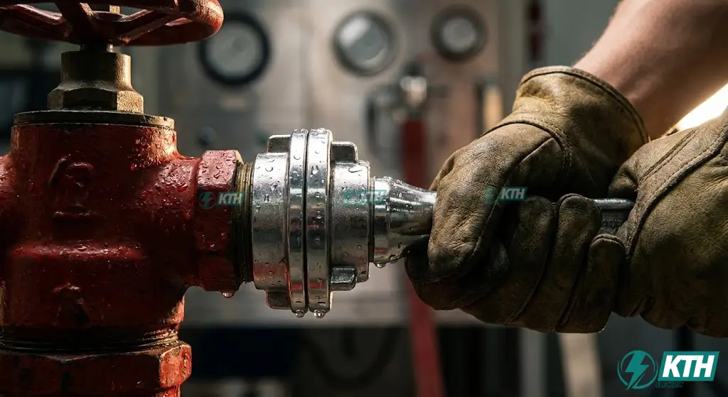 Đầu nối vòi chữa cháy chịu áp lực cao đạt chuẩn TCVN 5739:2023 trong phòng thí nghiệm.