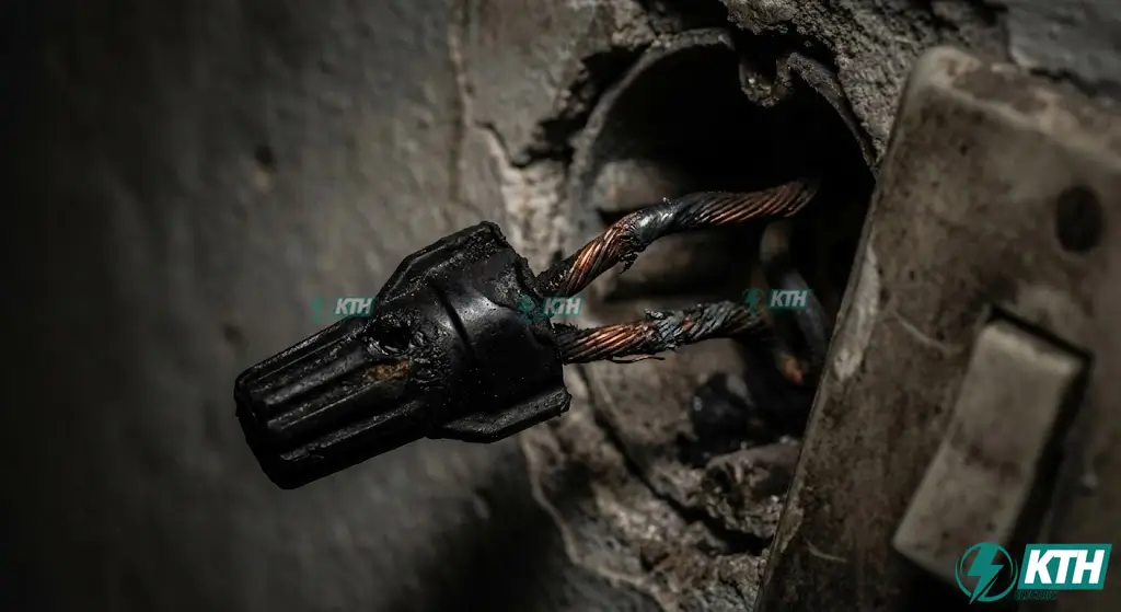 Cận cảnh dây điện âm tường bị cháy chập và move nhiệt do thi công ẩu gây nguy hiểm cháy nhà.