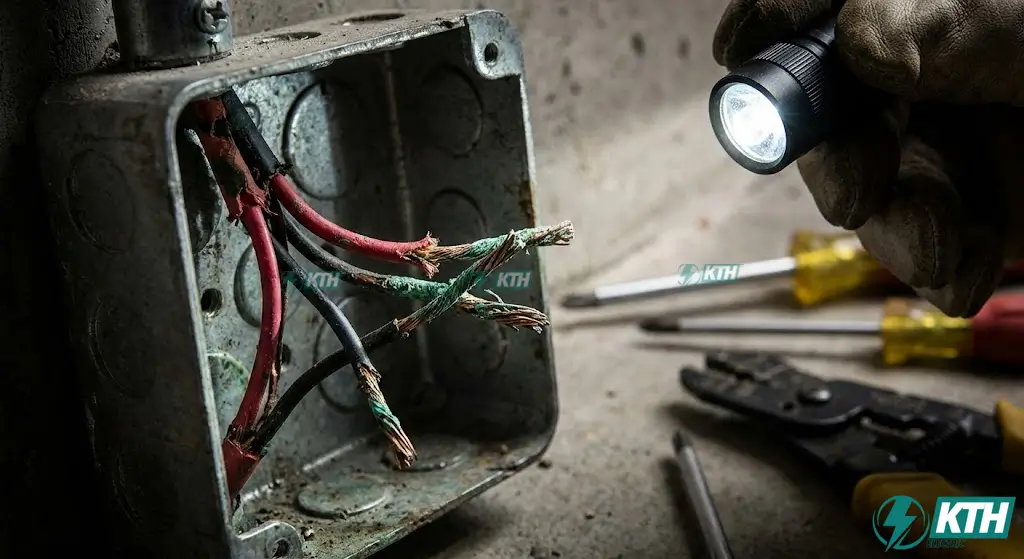 Hình ảnh dây tín hiệu báo cháy bị oxy hóa gây lỗi hở mạch (Open Circuit) và nguy cơ cháy dây điện cục bộ cần thay thế gấp.