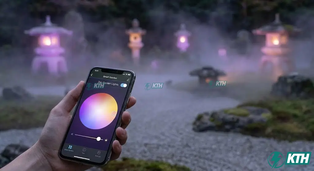 Hệ thống đèn sân vườn thông minh điều khiển qua điện thoại kết hợp tiểu cảnh đèn đá Nhật Bản.