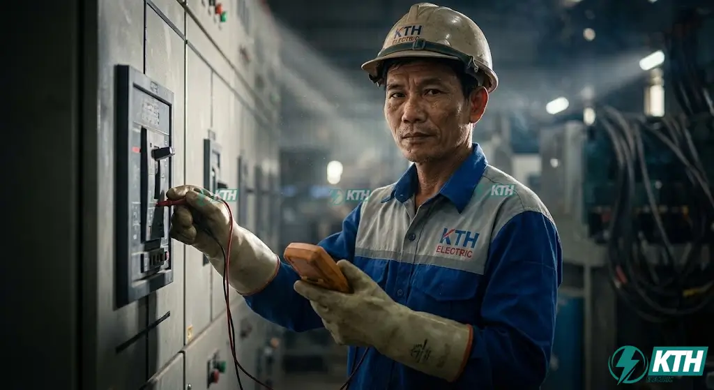 Kỹ sư KTH Electric kiểm tra tủ điện tổng MSB tại nhà máy - Dịch vụ kiểm tra an toàn điện định kỳ chuyên nghiệp 2026.
