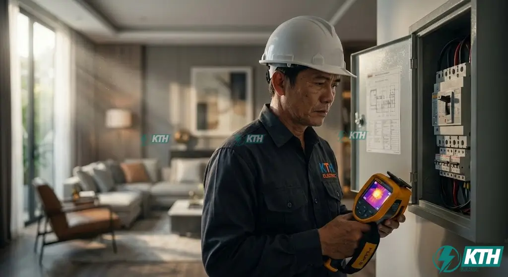 Kỹ sư điện KTH Electric đang kiểm tra tủ điện tổng bằng camera nhiệt tại nhà phố TP.HCM để phát hiện nguy cơ cháy nổ.