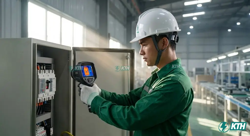Kỹ sư điện KTH Electric thực hiện scan nhiệt tủ điện để phát hiện điểm nóng và rò rỉ điện, giúp doanh nghiệp tiết kiệm chi phí.