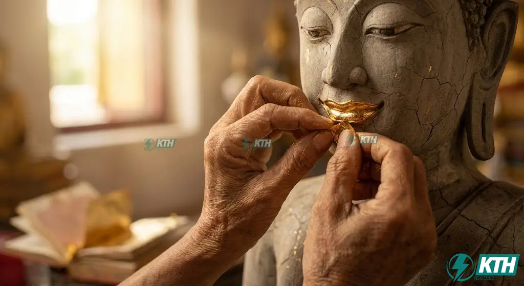 Dịch vụ sơn tượng Phật xi măng màu giả đồng và dát vàng 24k bảo hành bong tróc.