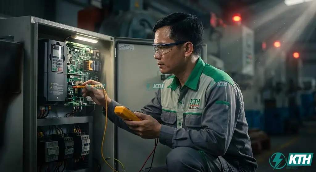 Kỹ sư điện KTH Electric đang kiểm tra đo đạc sửa chữa biến tần công nghiệp bị lỗi tại nhà máy TPHCM.