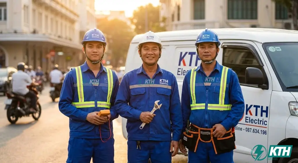 Đội ngũ thợ điện KTH Electric uy tín tại TP.HCM sẵn sàng hỗ trợ sửa chữa điện nước 24/7.