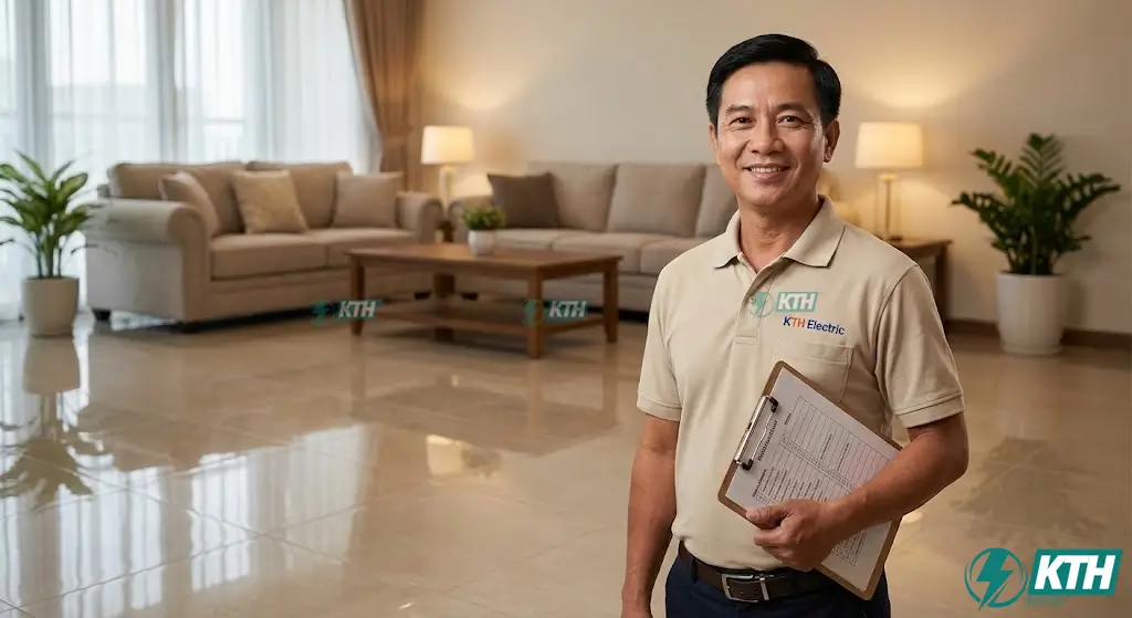 Chuyên gia KTH Electric nghiệm thu bàn giao sàn gạch phẳng đẹp, đạt tiêu chuẩn 5 sao cho khách hàng.