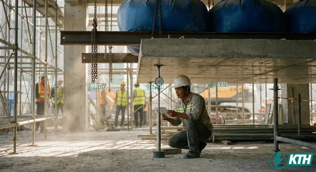 Kỹ sư KTH Electric đang thực hiện dịch vụ thí nghiệm thử tải tĩnh sàn bê tông cốt thép bằng hệ thống túi nước chuyên dụng tải trọng lớn tại công trình, tuân thủ quy trình kiểm định kỹ thuật an toàn và đo độ võng bằng đồng hồ so chính xác.