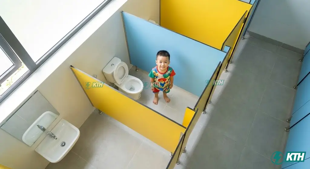 Không gian bên trong buồng vệ sinh mầm non rộng rãi, đạt tiêu chuẩn diện tích 0.4-0.6m2 mỗi trẻ.