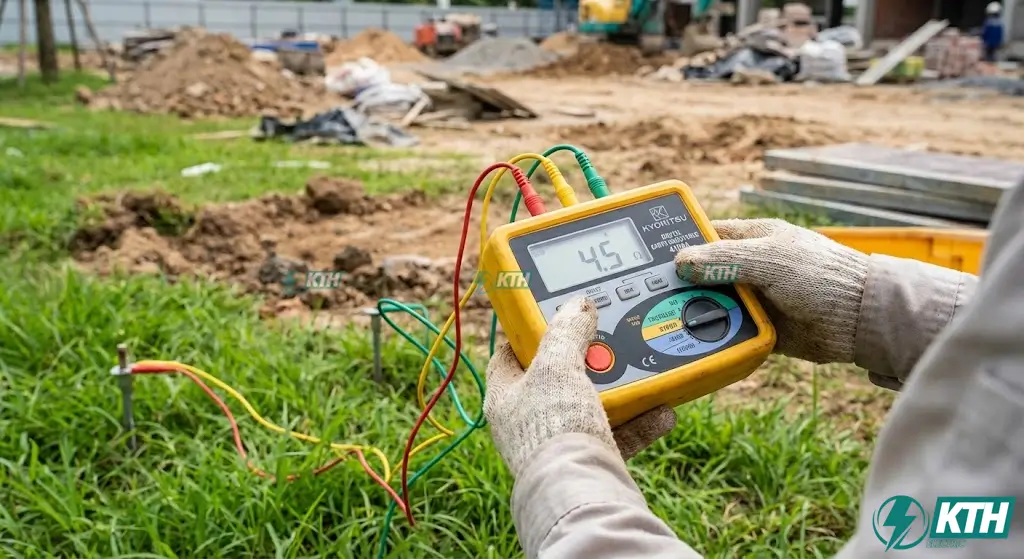 Thi Công Chống Sét Trọn Gói – Đo Điện Trở <10Ω – Báo Giá 2026 5 Kỹ sư đo điện trở bãi tiếp địa bằng máy Kyoritsu, chỉ số hiển thị dưới 10 Ohm đạt chuẩn TCVN 9385:2012