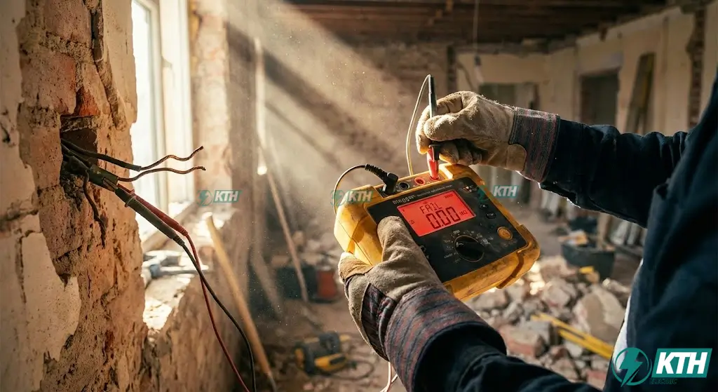 Kỹ thuật viên đo điện trở cách điện dây dẫn bằng máy Megomet chuyên dụng để phát hiện dây mục nát.