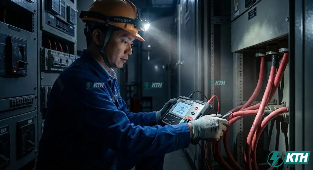 Đo điện trở cách điện cáp động lực bằng máy Megger để ngăn ngừa rò điện và chập cháy.