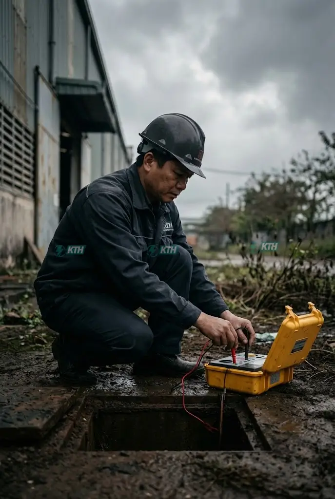 Kỹ sư điện sử dụng máy đo Kyoritsu kiểm tra điện trở tiếp địa an toàn và chống sét cho nhà máy trước khi bàn giao.