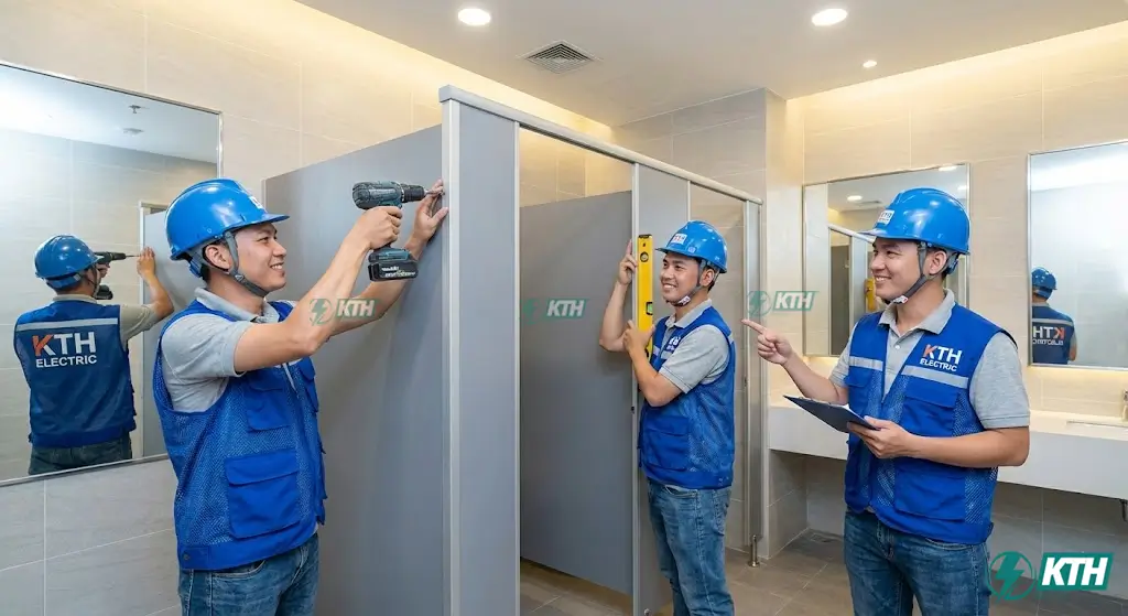 Đội ngũ kỹ thuật KTH Electric thi công lắp đặt vách ngăn vệ sinh chuyên nghiệp.