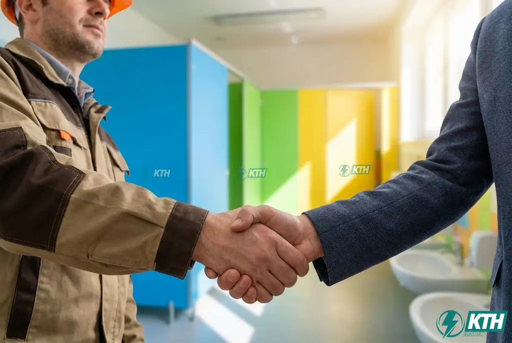 Cái bắt tay hợp tác thành công giữa đơn vị thi công vách ngăn và đại diện nhà trường.