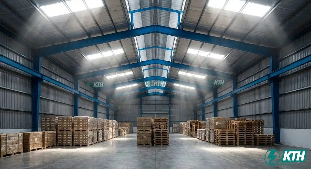 Khung thép tiền chế khẩu độ nhỏ được gia công chính xác tại nhà máy KTH Electric.