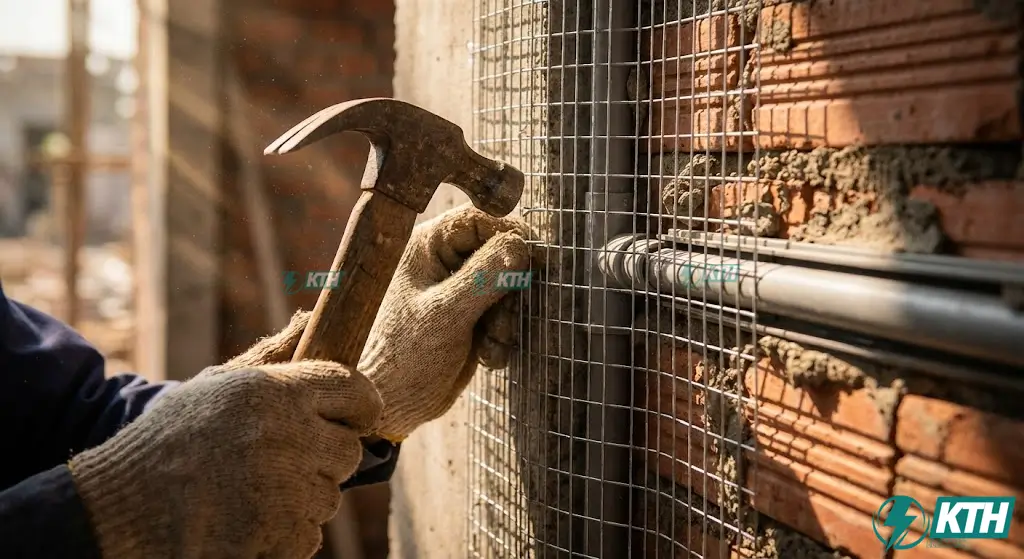 Đóng lưới thép mắt cáo tại đường rãnh thi công điện nước trước khi tô trát để chống nứt tường.
