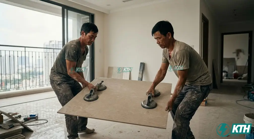 Đội thợ chuyên nghiệp sử dụng hít kính chuyên dụng để thi công gạch khổ lớn an toàn và chính xác.