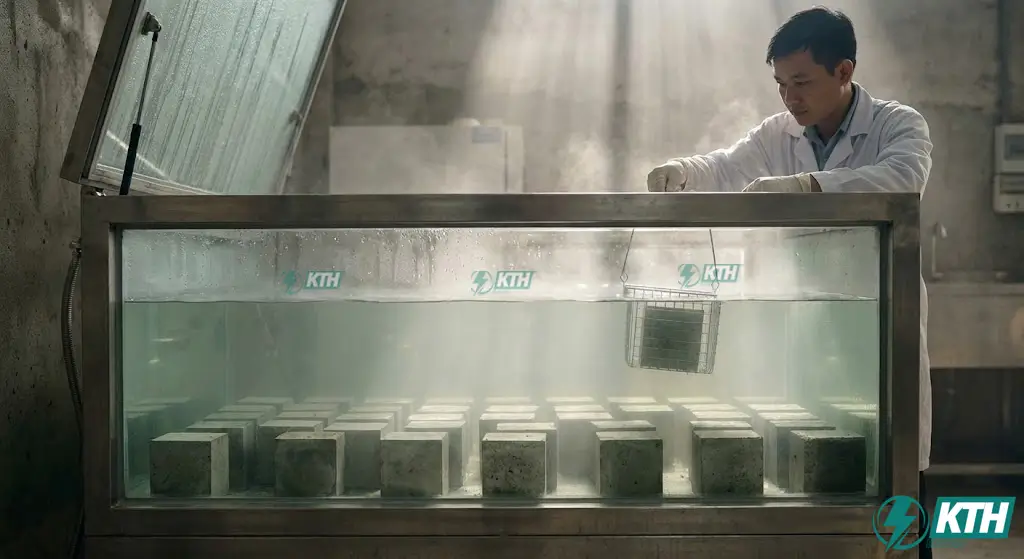 Dưỡng hộ mẫu bê tông trong bể nước bảo dưỡng ẩm ở nhiệt độ chuẩn 27 độ C theo tiêu chuẩn TCVN 3105:2022 và TCVN 3118:2022.