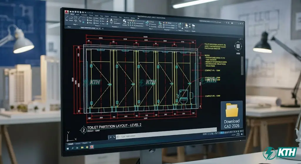 Giao diện bản vẽ Autocad chi tiết cấu tạo vách ngăn vệ sinh đầy đủ layer.