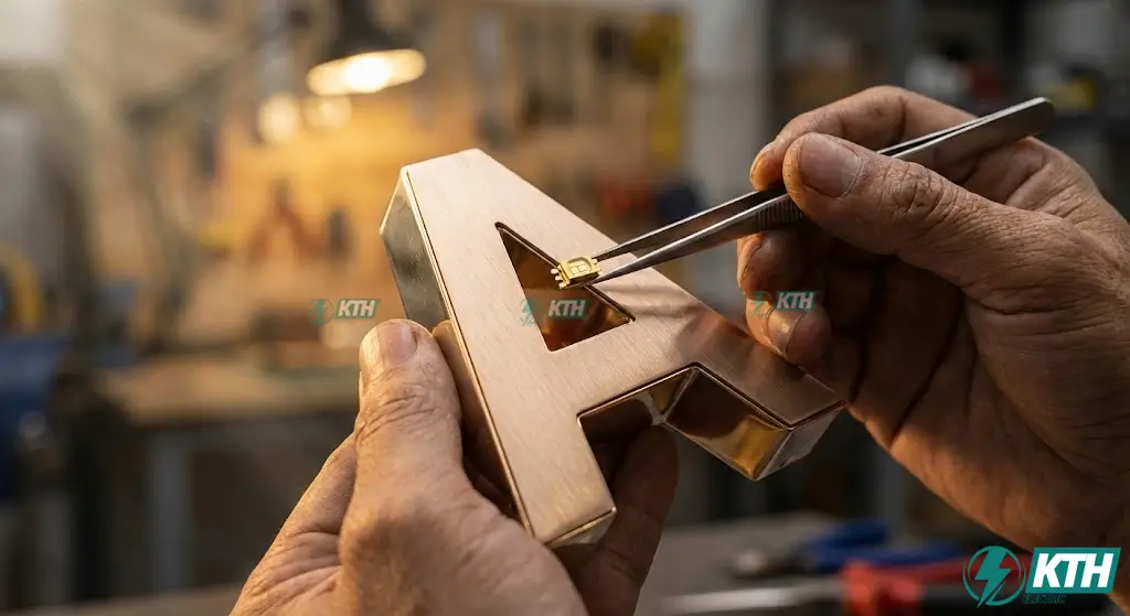 Gia công chữ nổi bảng hiệu Inox vàng xước kết hợp đèn LED ma trận cao cấp tại xưởng.