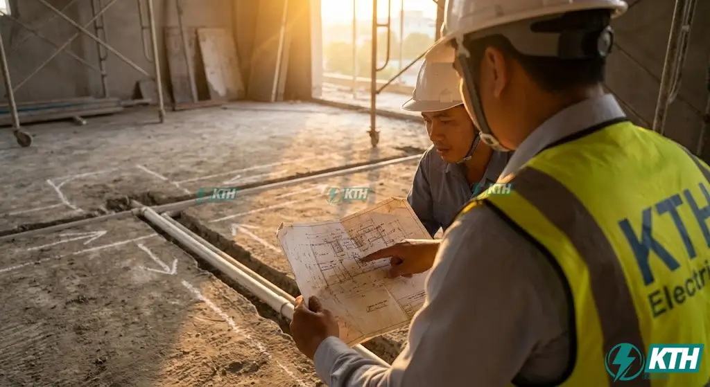 Kỹ sư điện nước KTH Electric kiểm tra định vị đường ống nước ngầm dưới sàn để tránh khoan thủng khi thi công ốp lát.